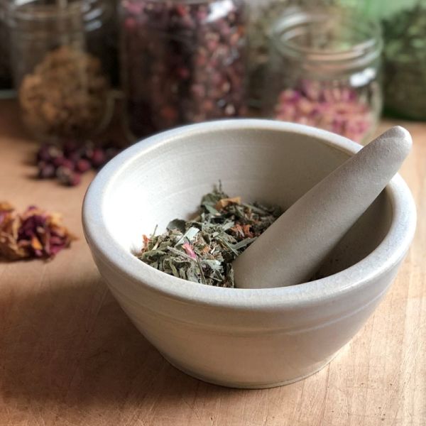 Tea Blend in a mortar and pestle